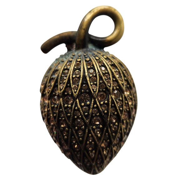 Vintage 1990s Joan Rivers Brass Tone Strawberry Brooch Pin Brown Crystals Signed - Picture 3 of 5